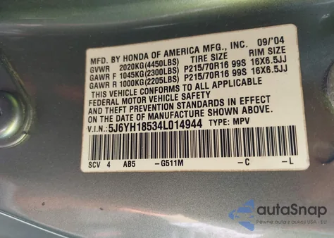 2004 Honda Element Ex z USA, uszkodzony, nr VIN 5J6YH18534L014944